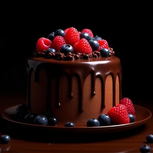 Rik og dekadent sjokoladekake med flytende sjokoladeganache som drypper ned sidene, toppet med friske bær som bringebær og blåbær.