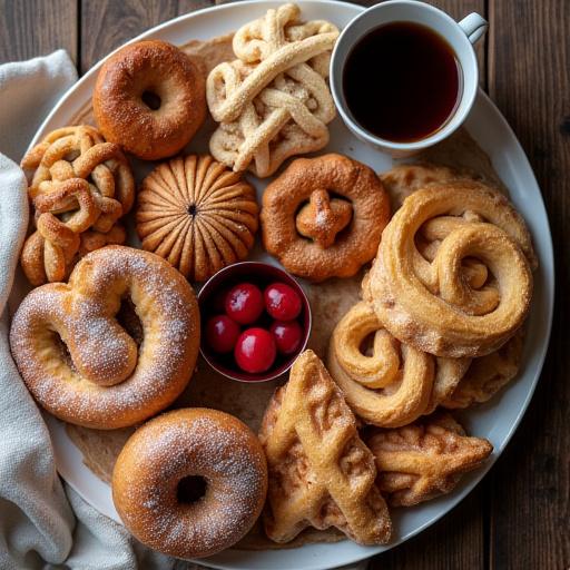 Et utvalg av tradisjonelle norske bakverk, inkludert kanelsnurrer og vafler, pent anrettet.